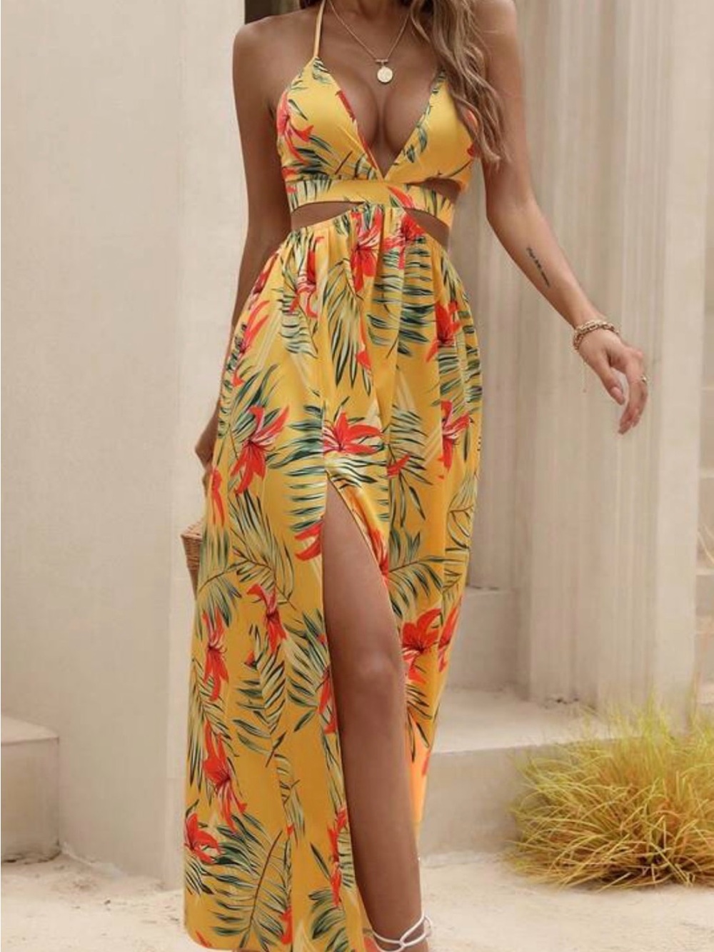 SHEIN tropical floral halter maxi yellow dress slit on the side L